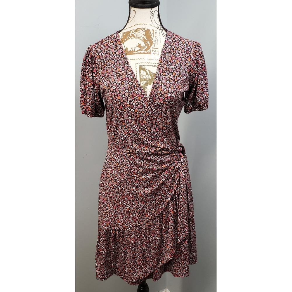 Michael Kors Wrap Dress Womens S Multi Floral Short Sleeve Ruffle Hem Tie Side